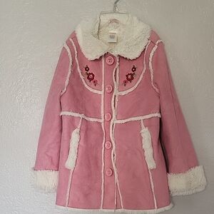 Gymboree Pink and White Puffer Jacket with Faux Fur Trim